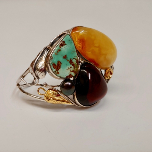 HWG-125 Bangle, Light/Dark Amber/TQ/Pearl/Silver/Gold $426 at Hunter Wolff Gallery